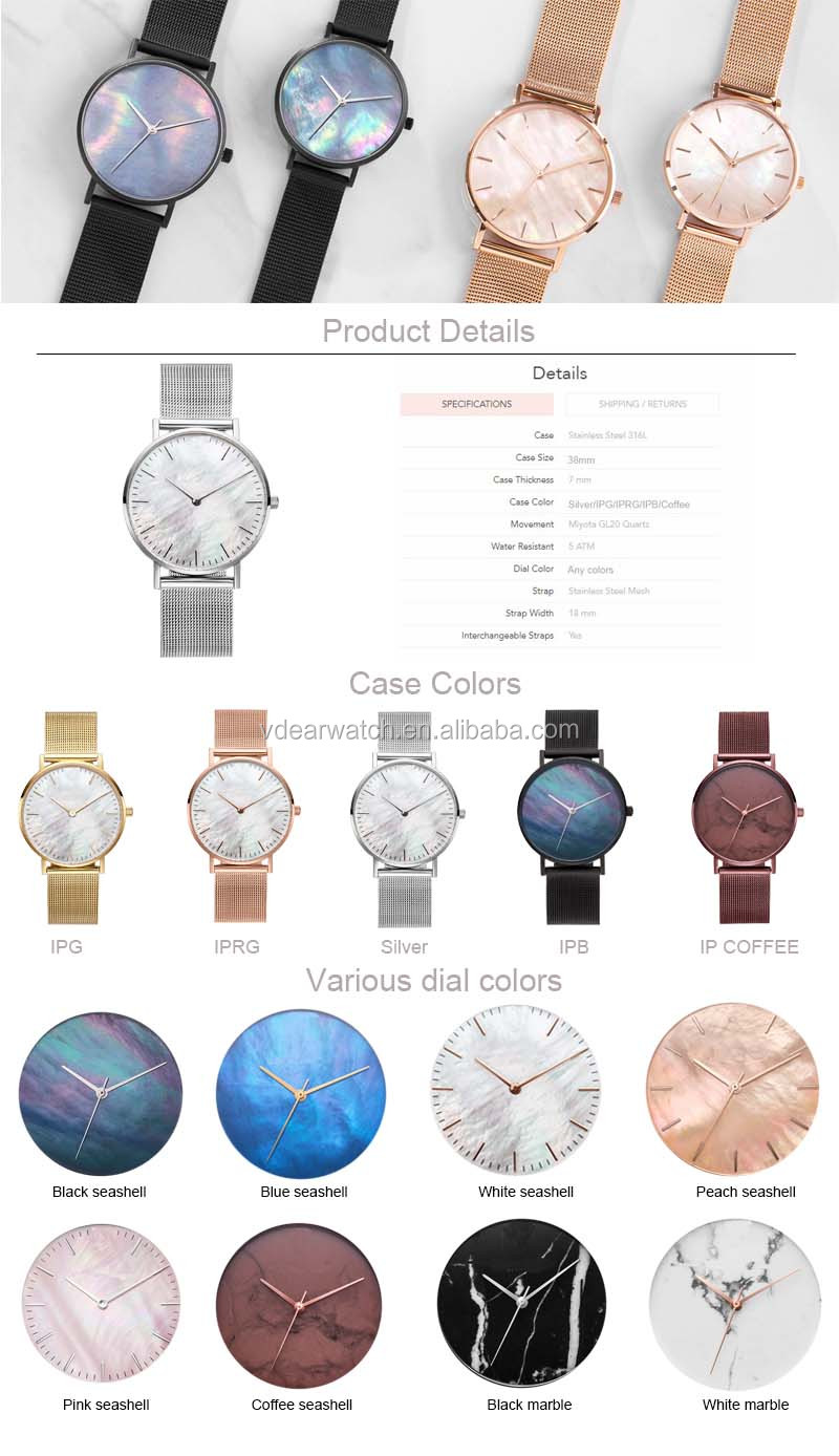 VDEAR - Make your own brand blank watch case minimalist ladies colorful mother of pearl watch dial Fancy Watch 8