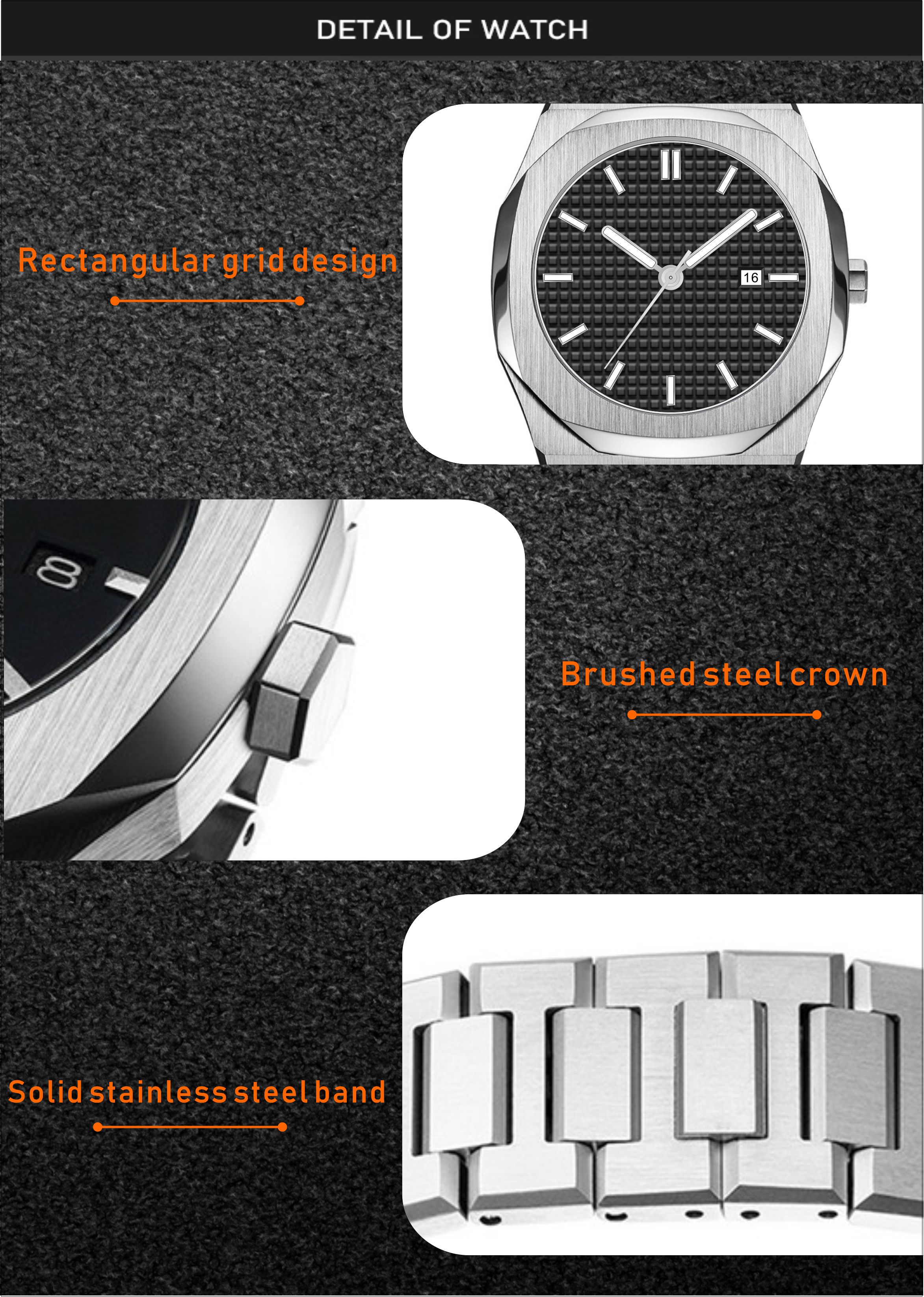 VDEAR – Japanische Quarzuhr aus Edelstahl mit grauem Gittermuster, wasserdicht, Saphirglas, minimalistisches OEM-Design 12