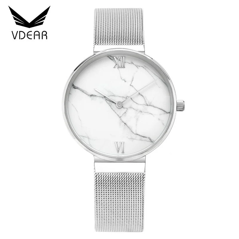 VDEAR - Orologio da donna in acciaio inossidabile con quadrante in marmo bianco, cinturino in maglia unico e logo personalizzato 1