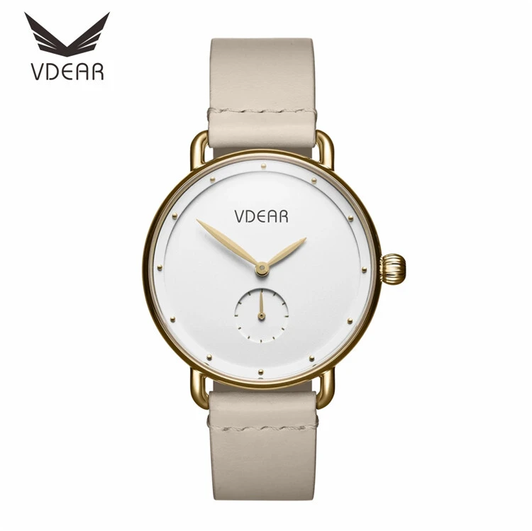 VDEAR - ساعات يد نسائية أنيقة مطلية بالذهب، مصنوعة من الجلد والفولاذ المقاوم للصدأ، تعمل بحركة كوارتز يابانية، مصممة حسب الطلب. 1