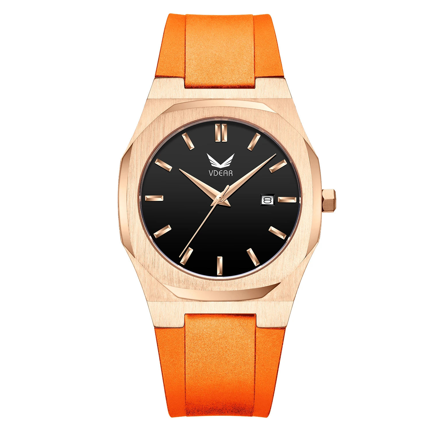 VDEAR - Montre de luxe pour homme, bracelet en acier inoxydable doré rose, étanche à 3 ATM, cadran vierge personnalisable, mouvement à quartz japonais. 1