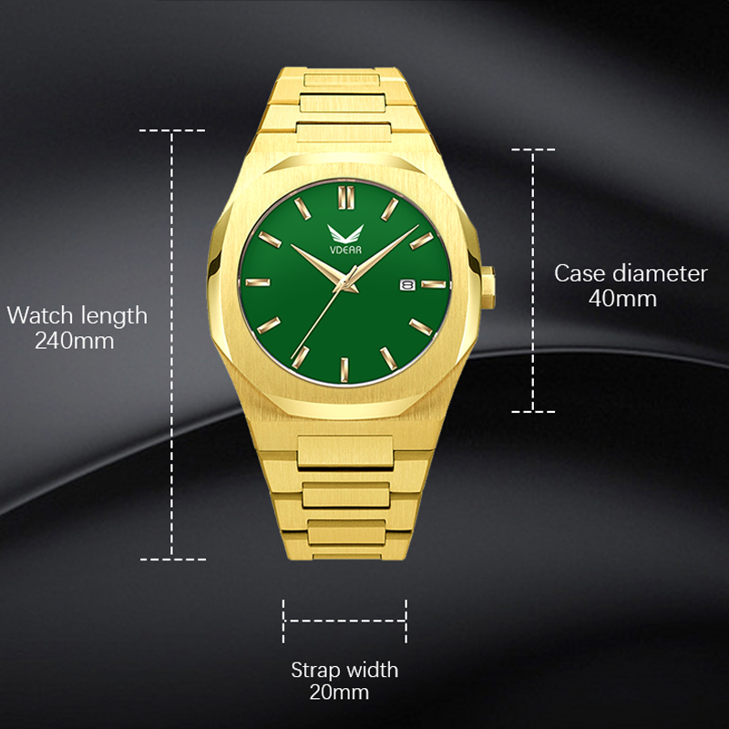 VDEAR - Montre de luxe pour homme, bracelet en acier inoxydable doré rose, étanche à 3 ATM, cadran vierge personnalisable, mouvement à quartz japonais. 9