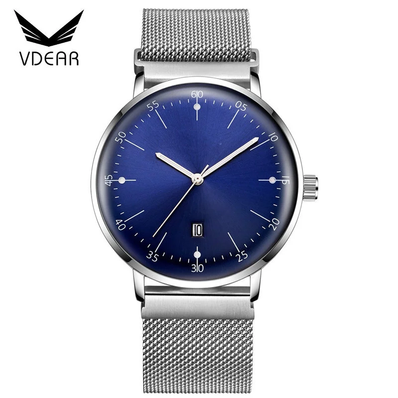 VDEAR - Unique quartz domed glass blue dial watch classic brand names men watches 2017 luxury with milanese strap others 1