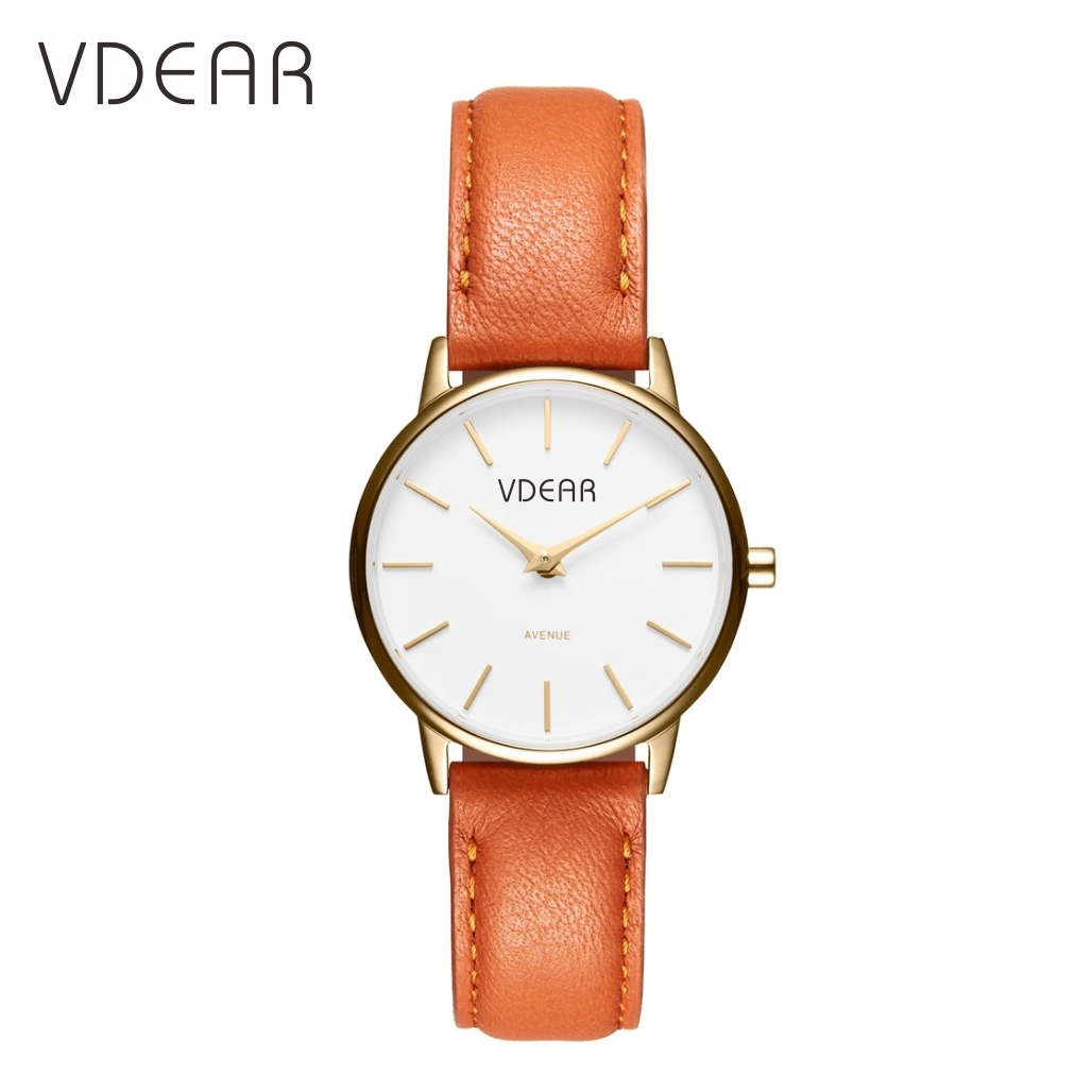 VDEAR - Oranjekleurige, echt lederen band, prachtig dameshorloge, merk dameshorloge, roségoud, dames quartzhorloge 1