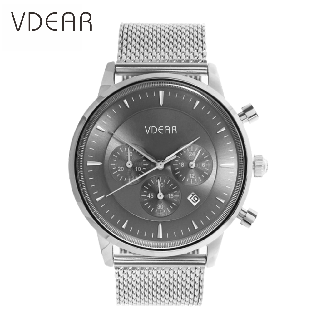 VDEAR - Newest Custom Grey sunray CD grain dial japanese movement stainless steel back quartz watch case 316l Chronograph Watch 1