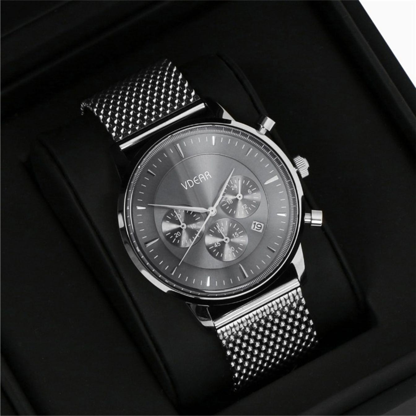 VDEAR - Newest Custom Grey sunray CD grain dial japanese movement stainless steel back quartz watch case 316l Chronograph Watch 26