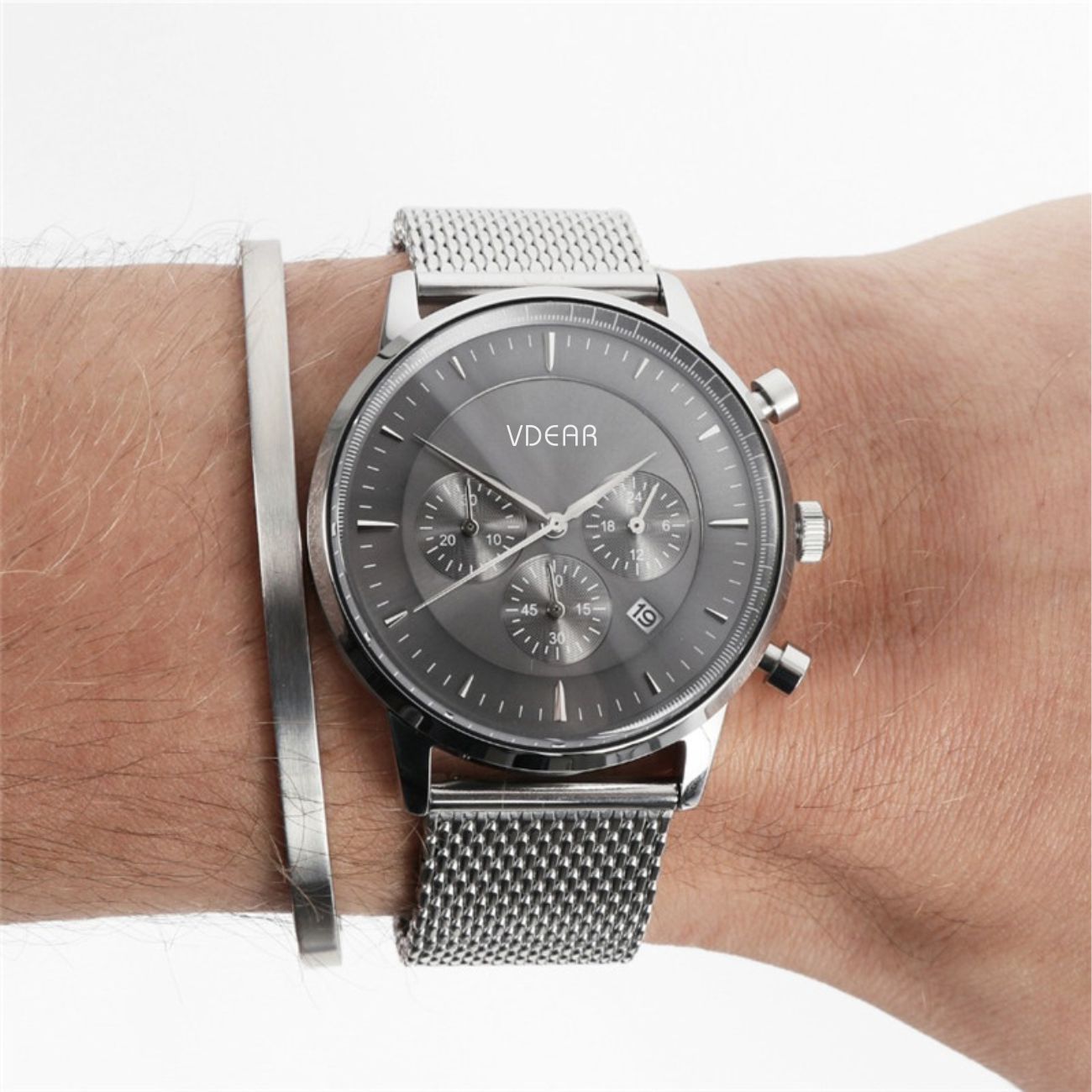 VDEAR - Newest Custom Grey sunray CD grain dial japanese movement stainless steel back quartz watch case 316l Chronograph Watch 24