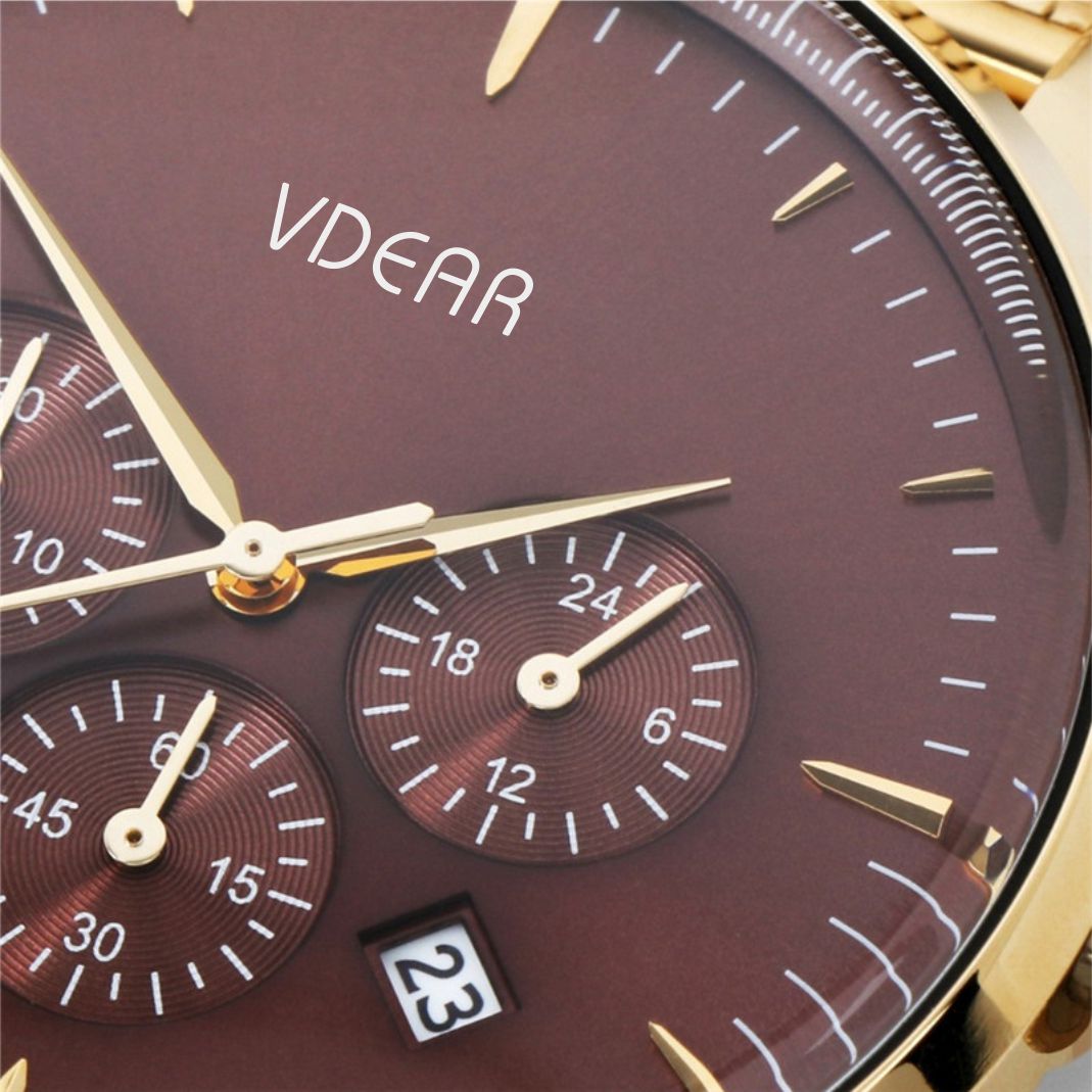 VDEAR - Newest Custom Grey sunray CD grain dial japanese movement stainless steel back quartz watch case 316l Chronograph Watch 20