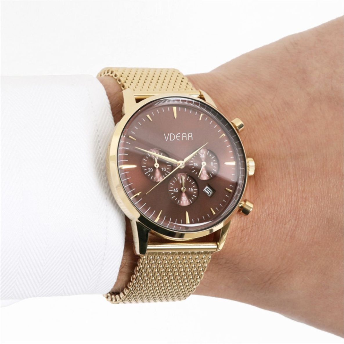 VDEAR - Newest Custom Grey sunray CD grain dial japanese movement stainless steel back quartz watch case 316l Chronograph Watch 18