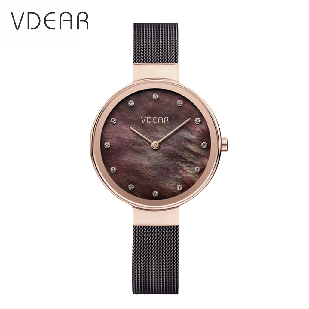VDEAR - Montre à quartz pour femme, marque de luxe, avec logo personnalisé, cadran en nacre et diamants, bracelet en cuir. 1