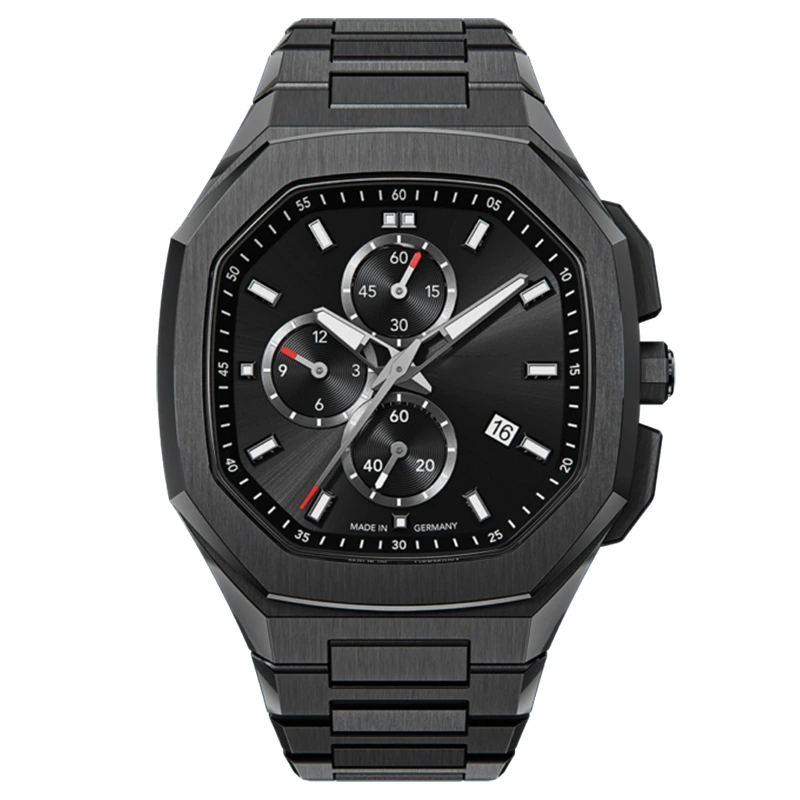 VDEAR – Schwarze Business-Luxus-Uhr mit individuellem Logo, Quarzwerk, Edelstahl 316L, Chronograph 1