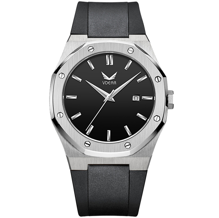 VDEAR - Montre homme style acier inoxydable, boîtier en acier inoxydable brossé, personnalisation avec votre logo, bracelet en silicone, mouvement à quartz, modèle 2021. Boîtier en acier inoxydable, bracelet en silicone, style OEM/ODM. 1