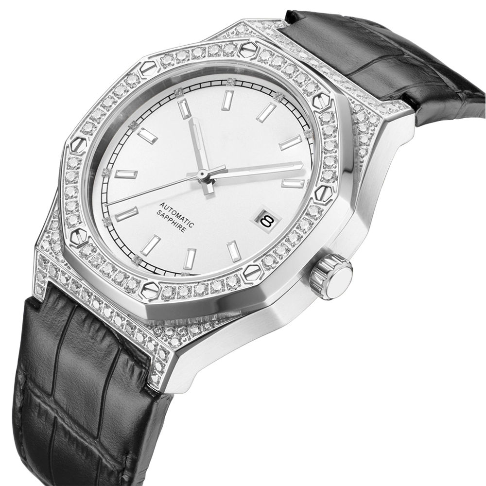 VDEAR - Genuine Leather Strap Japanese Movt 8215 Custom Logo Mechanical Watch Mens Diamond Hand Watch Automatic Watch For Men 1