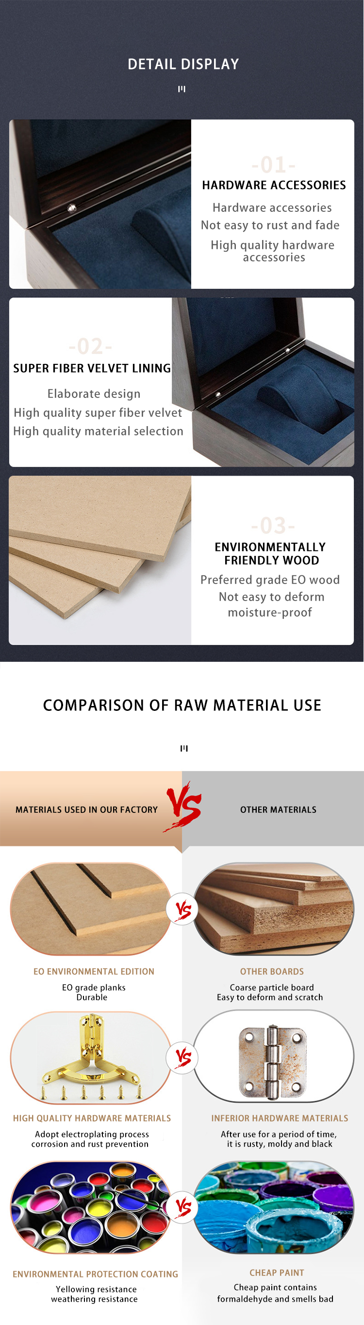 VDEAR - Scatola per orologio in legno di lusso in velluto nero marrone OEM con logo personalizzato, scatola per orologio in legno per orologio 10