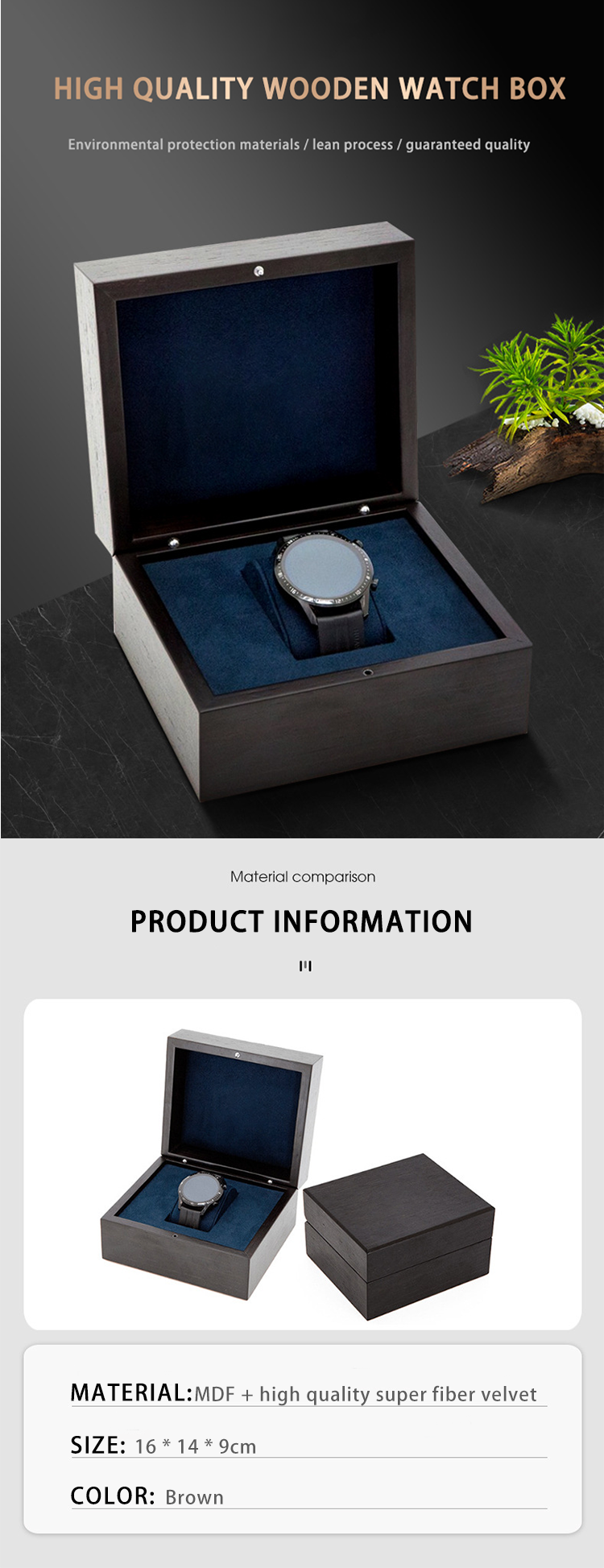 VDEAR - Scatola per orologio in legno di lusso in velluto nero marrone OEM con logo personalizzato, scatola per orologio in legno per orologio 9