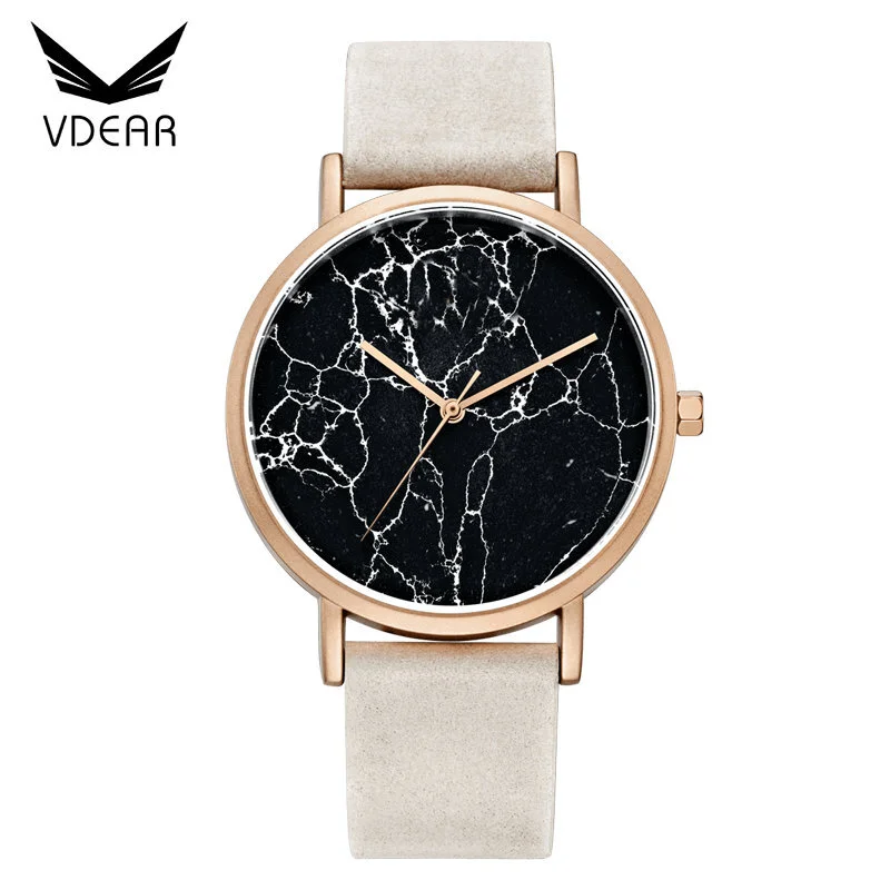 VDEAR - 36mm waterproof rose gold watches black marble watch with leather strap Fancy Watch 1