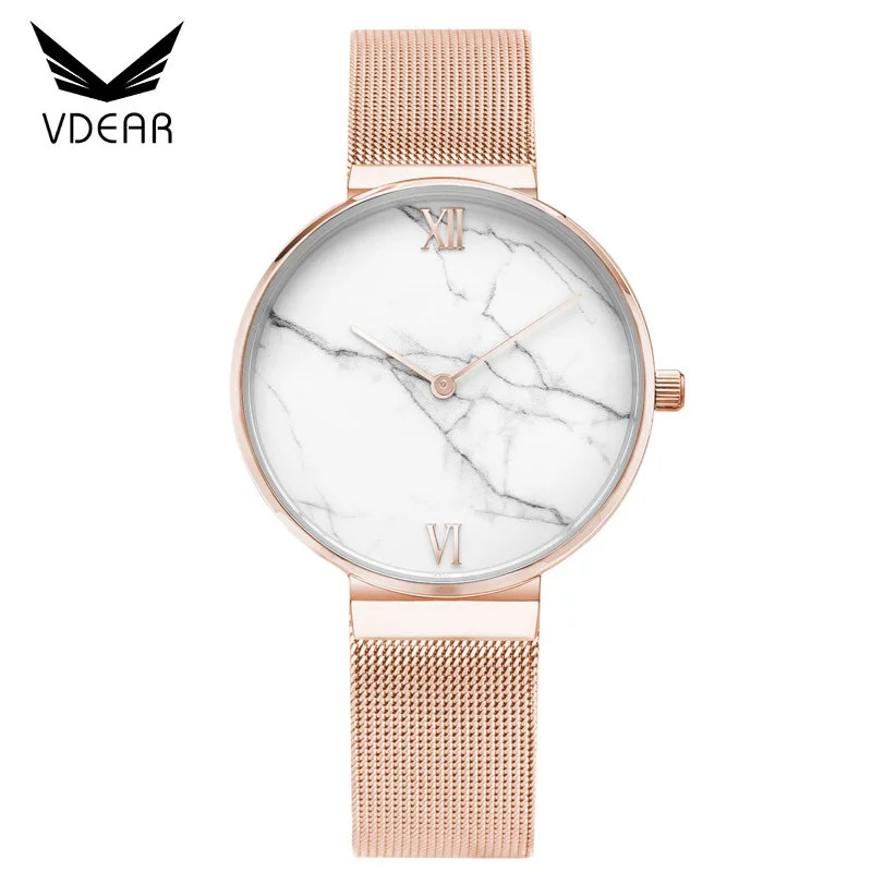 VDEAR - 36mm real marble stone dial women quartz wrist watch with mesh strap Fancy Watch 1