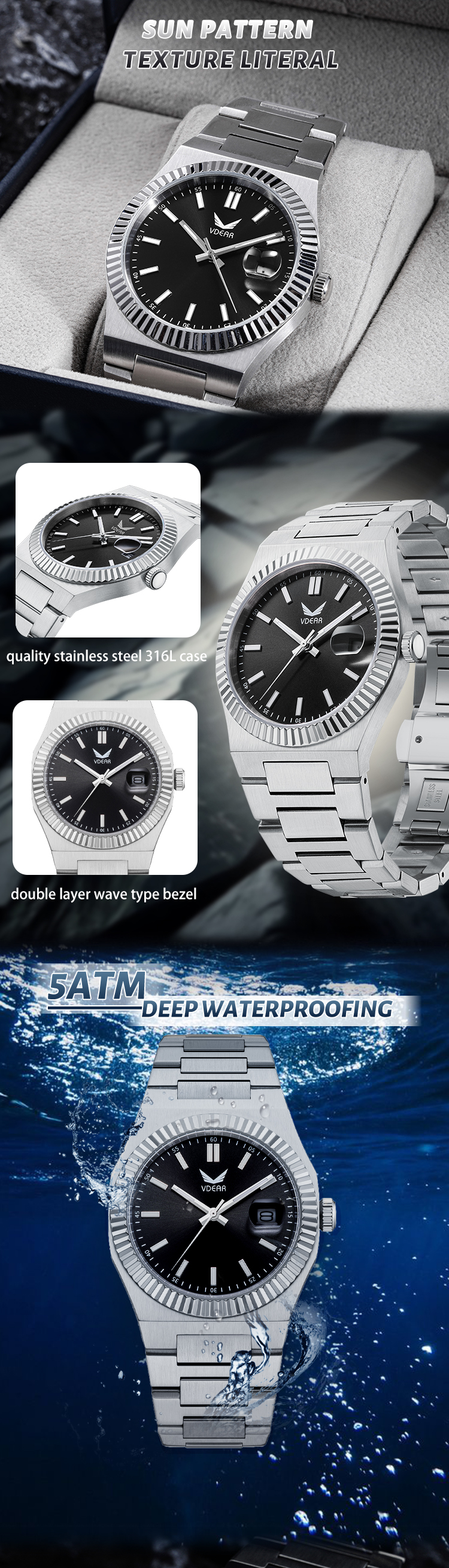 Vdear Wave Bezel 40mm Rose Gold Case Quartz Wristwatch Sunray Dial Luminous Hands 5atm Water Resistant Watch 12