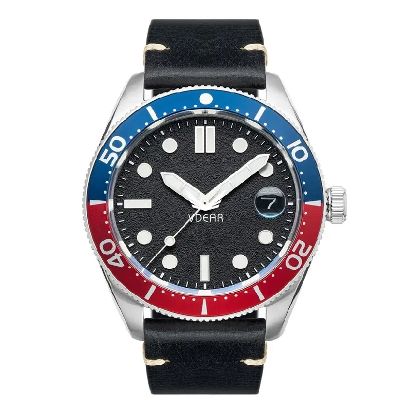 Montre automatique VDEAR Day Date - Lunette patchwork rouge et bleue 1