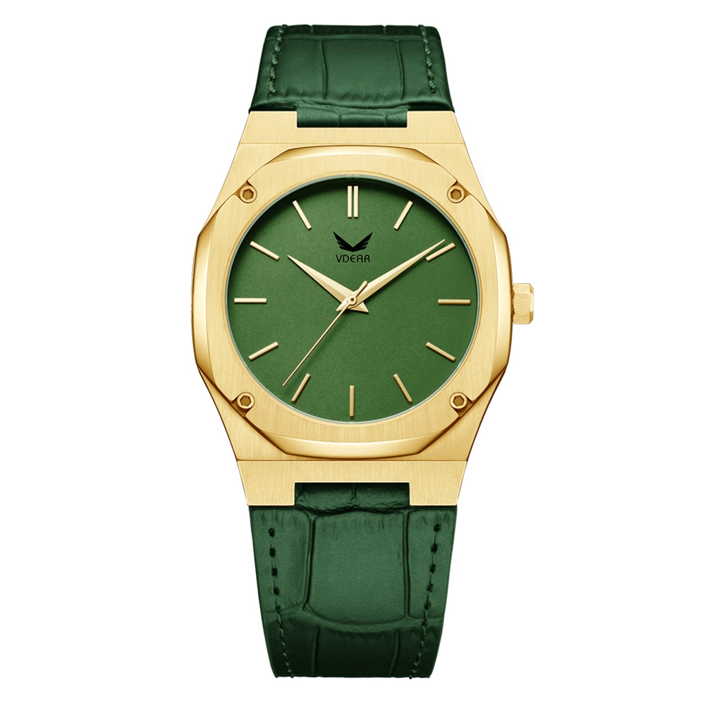 Vdear Ultra Thin 7mm Gold Octagon Case Male Wristwatch Leather Strap Minimalist Matte Green Dial Men Quartz Watch 1