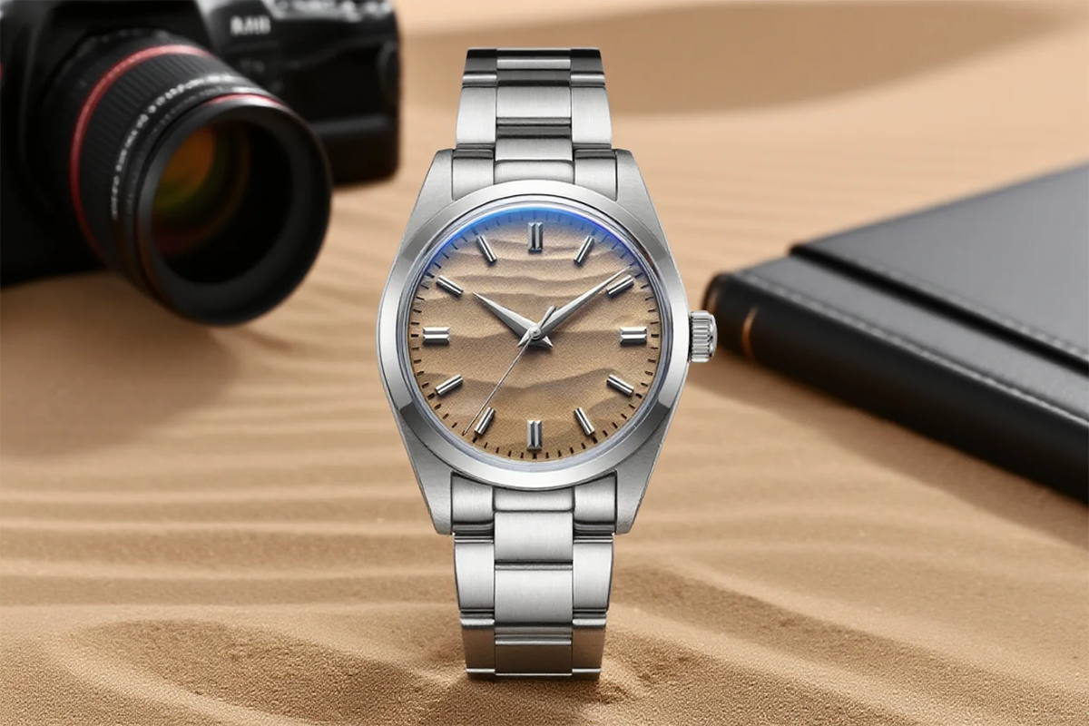 Vdear OEM 3d Sand Grain Wavy Dial Men Watch Stainless Steel Strap Quartz Wristwatch 10