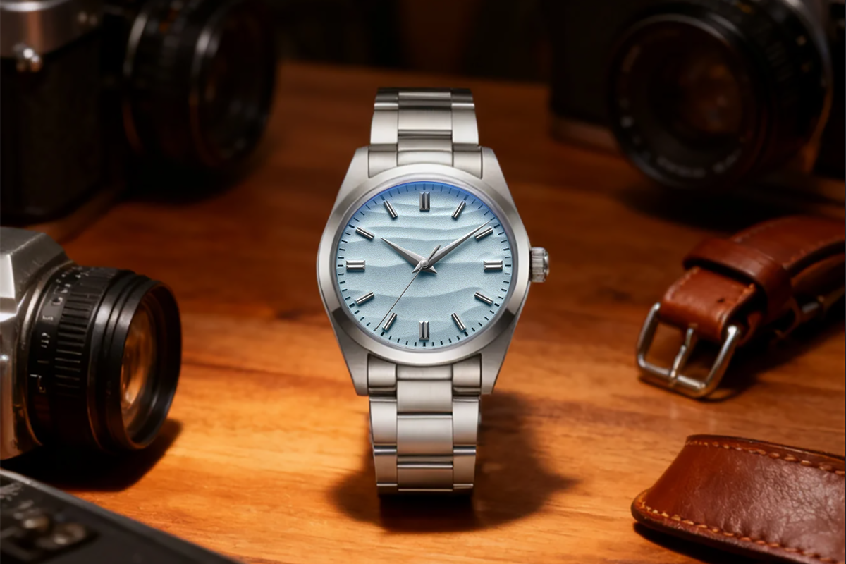 Vdear OEM 3d Sand Grain Wavy Dial Men Watch Stainless Steel Strap Quartz Wristwatch 15