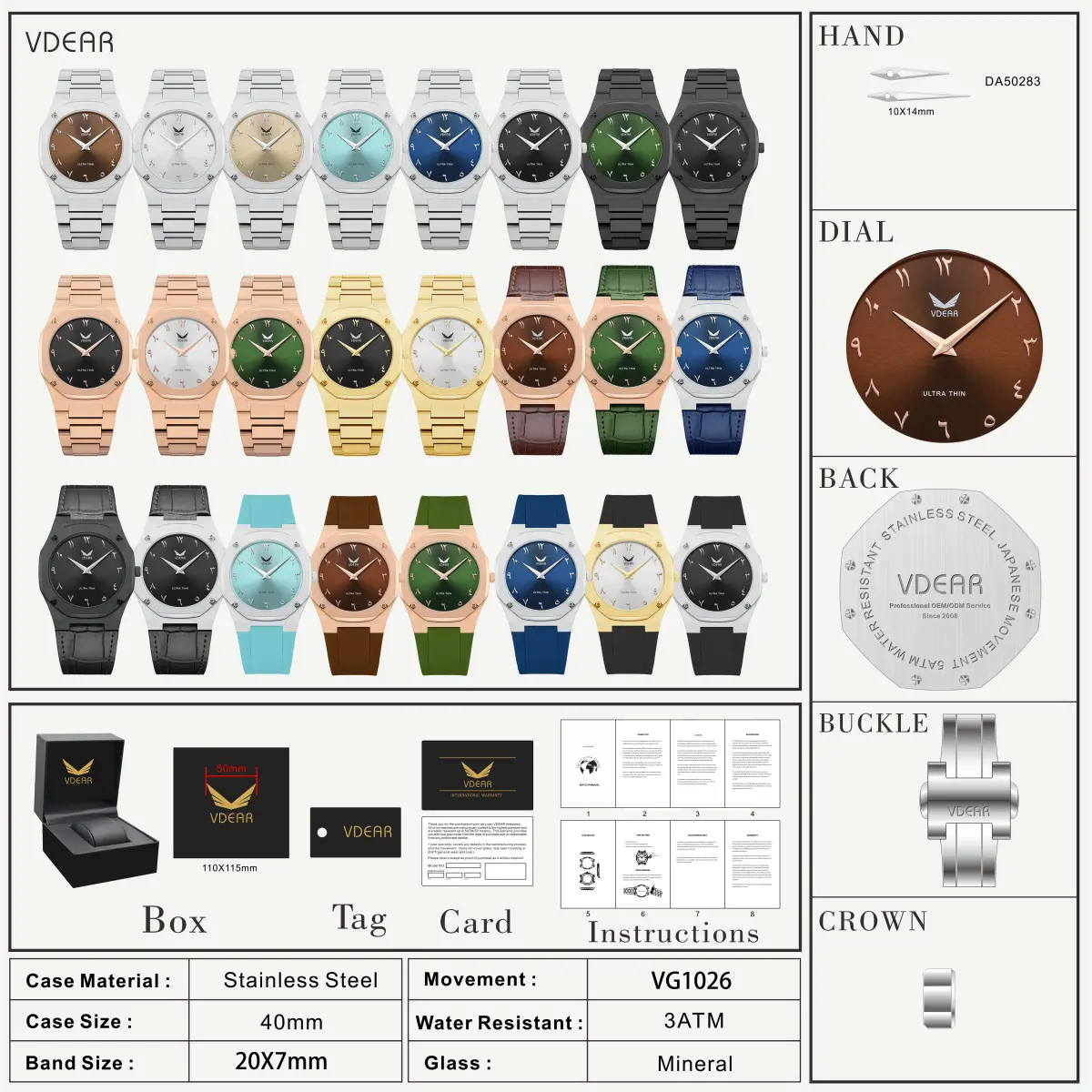 VDEAR Quartz Men's Watch with Arabic Dial - 3ATM Water Resistant 6