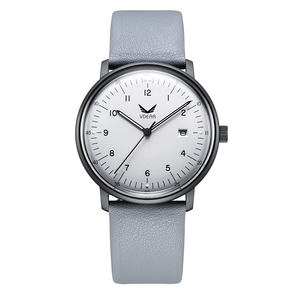 Vdear Business Sanded Dial Luminous Hands Day Quartz Wristwatch Leather Band 38mm Round Case Arabic Numbers Unisex Watch 1