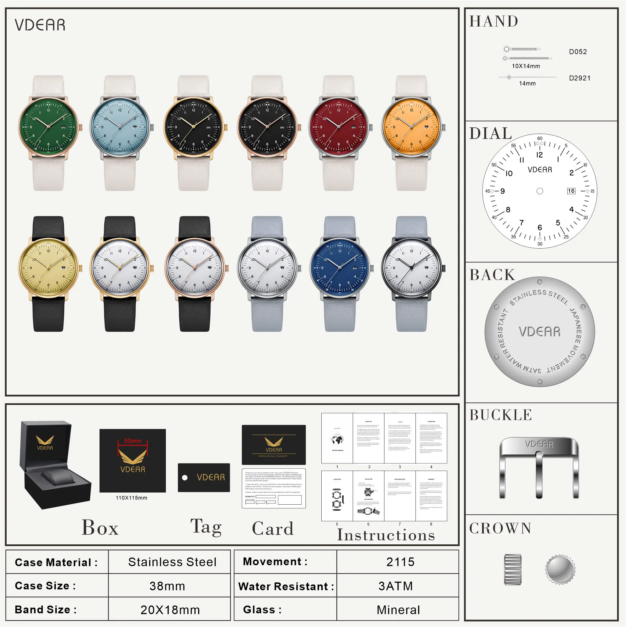 VDEAR Quartz Wristwatch with Leather Band 38mm Case & Luminous Hands 5