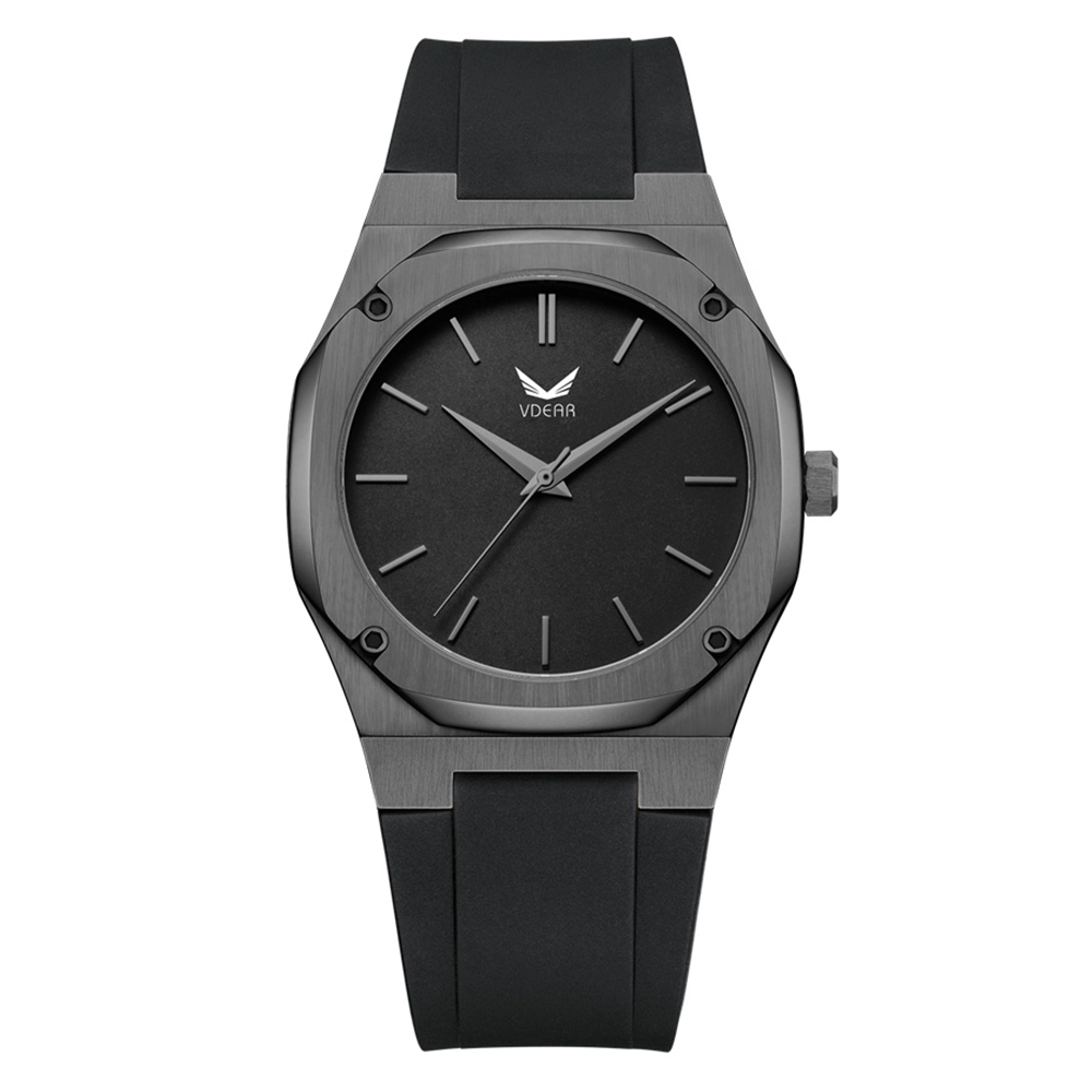 Vdear Silicone Strap All Black Dial Men Watch Ultra Thin 7mm Octagon Case 3atm Waterproof Luxury Quartz Watch 1