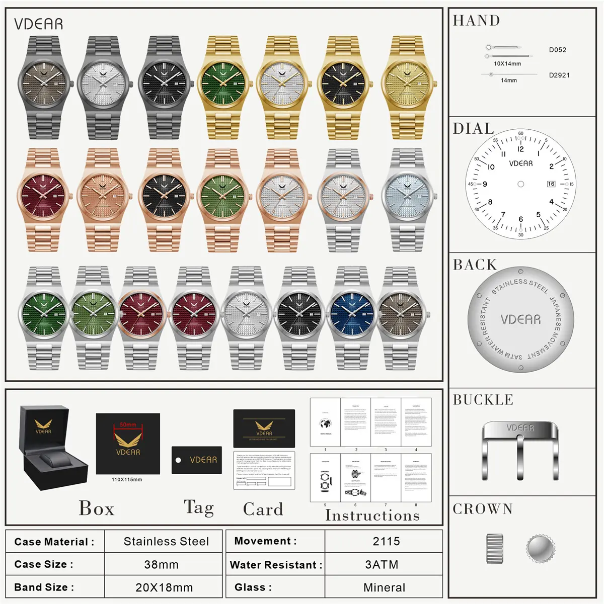 VDEAR Rose Gold Men's Quartz Watch with Luminous Hands & Date. 5