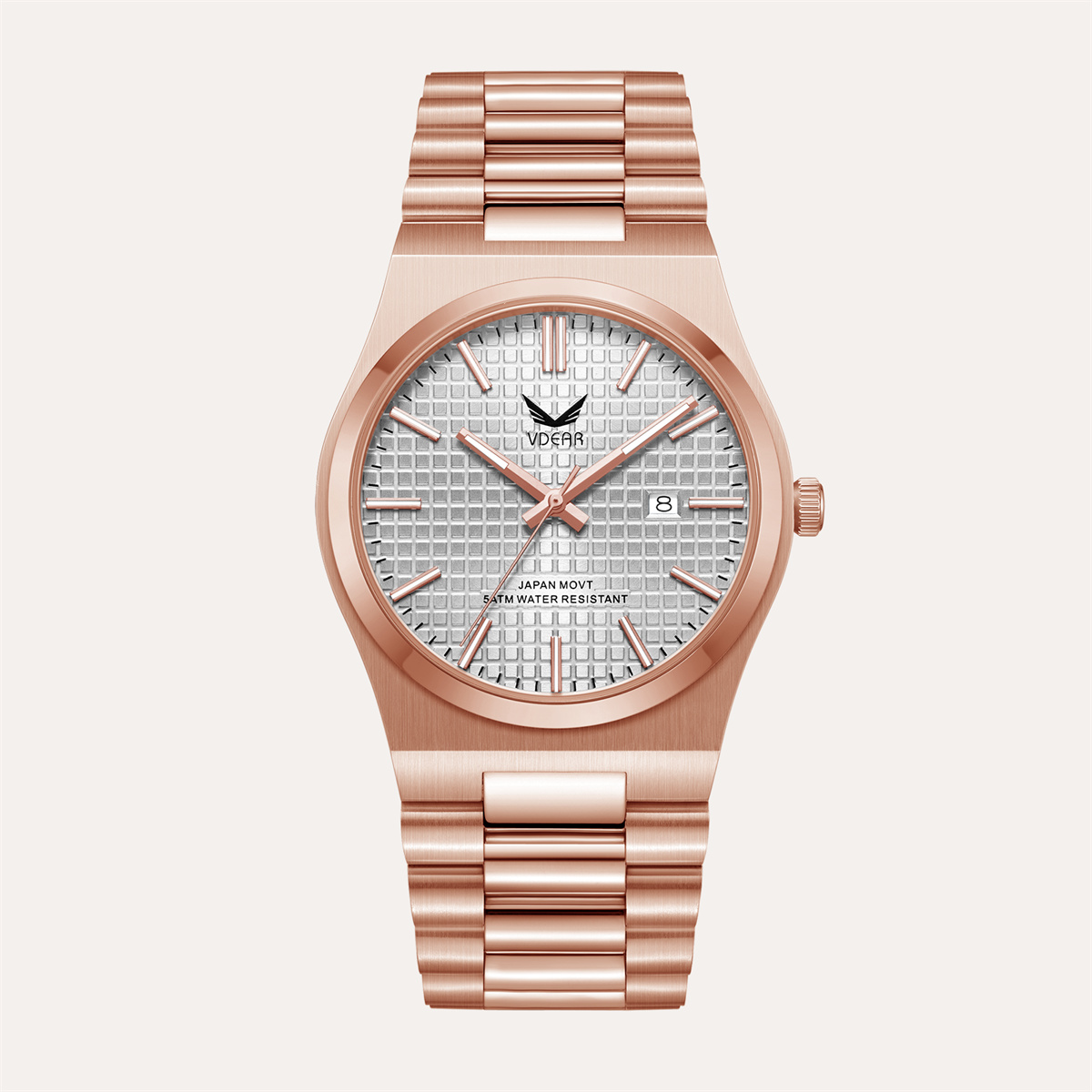Vdear Lattice Pattern Dial With Date Quartz Watch Rose Gold Case Luminous Hands 5bar Waterproof Men Wristwatch 9