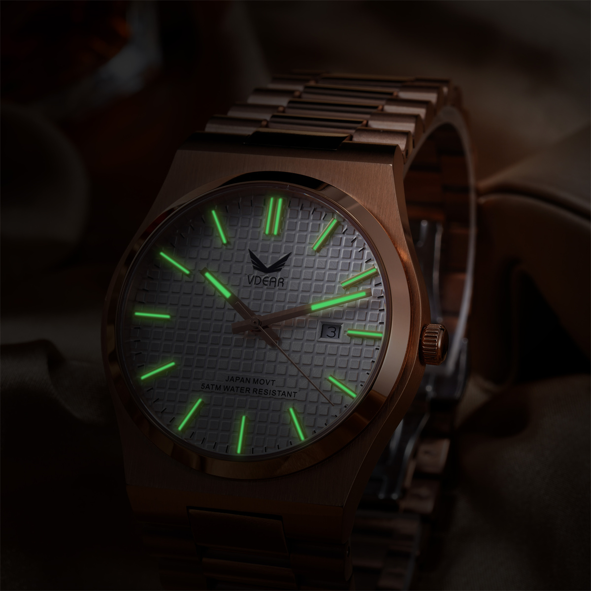 Vdear Lattice Pattern Dial With Date Quartz Watch Rose Gold Case Luminous Hands 5bar Waterproof Men Wristwatch 12