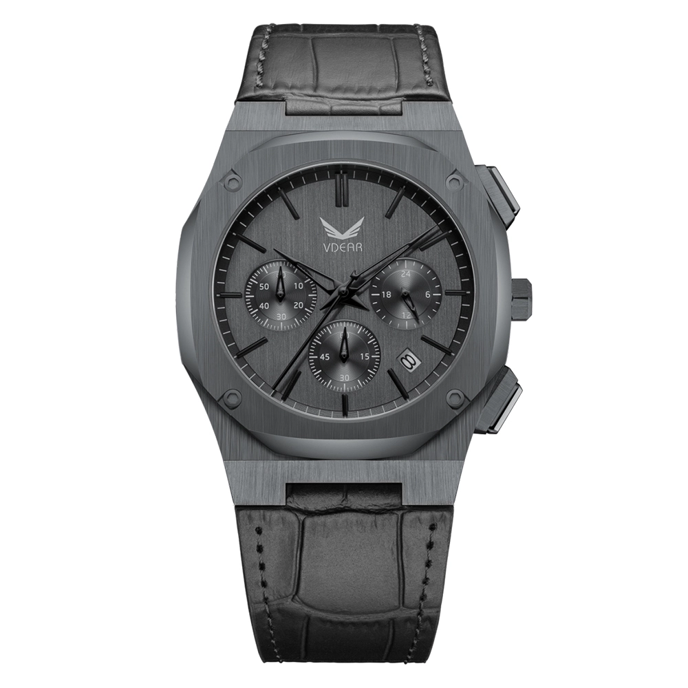 Vdear Leather Strap Black Dial Small Three Needle Quartz Watch Multifunction Calendar Men Luxury Wristwatch 1