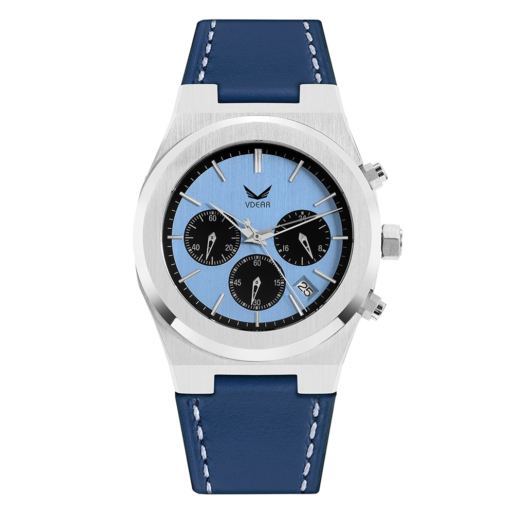 Vdear Multi Time Zone Blue Dial With Hollow Pointer Men Wristwatch Leather Strap 3atm Waterproof Calendar Watch 1