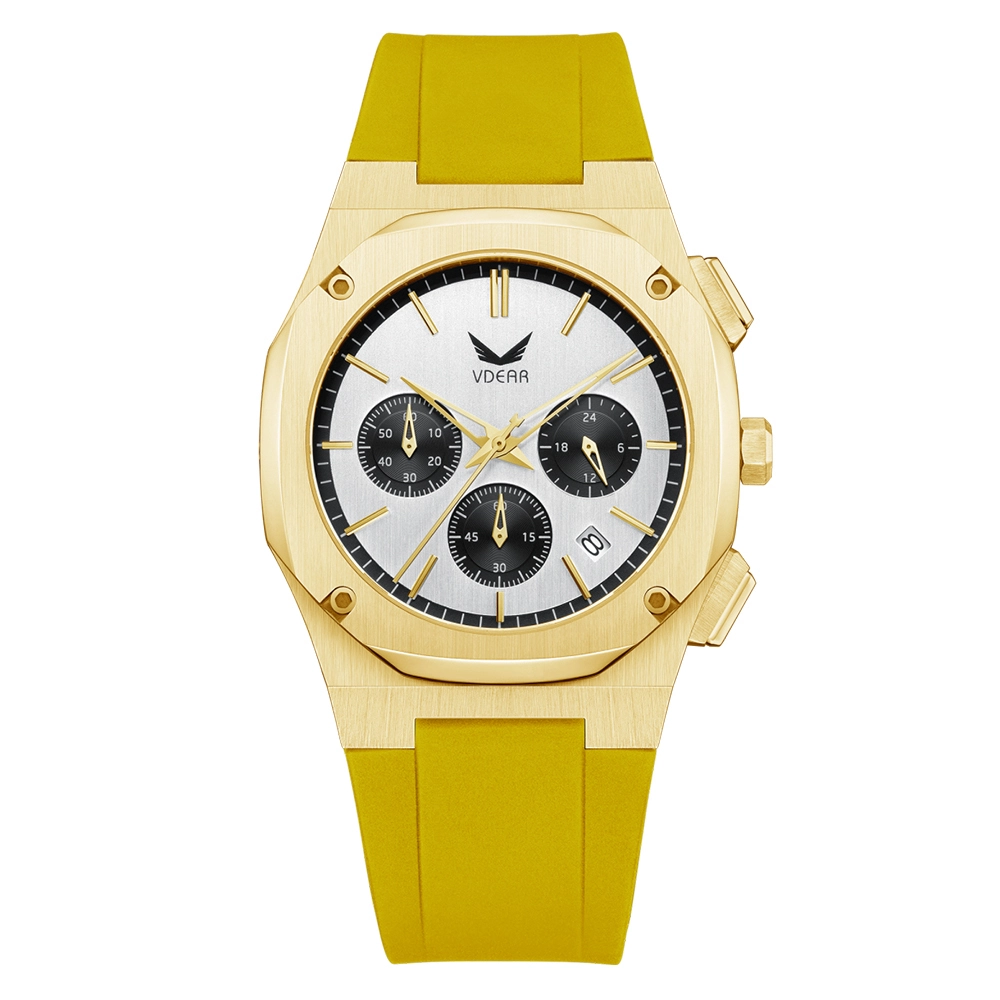 Đồng hồ nam Vdear đa chức năng ba mặt số hiển thị ngày, dây đeo silicon, kim chỉ giờ rỗng màu vàng, chống nước 3 bar, máy quartz. 1