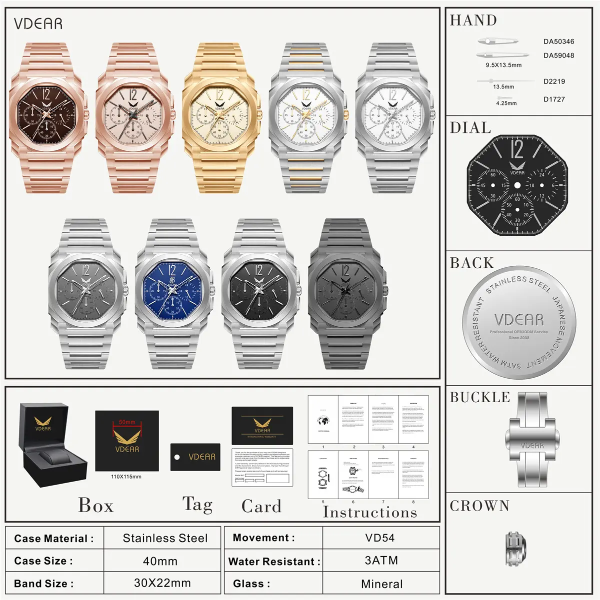 VDEAR Stainless Steel Quartz Calendar Watch 6