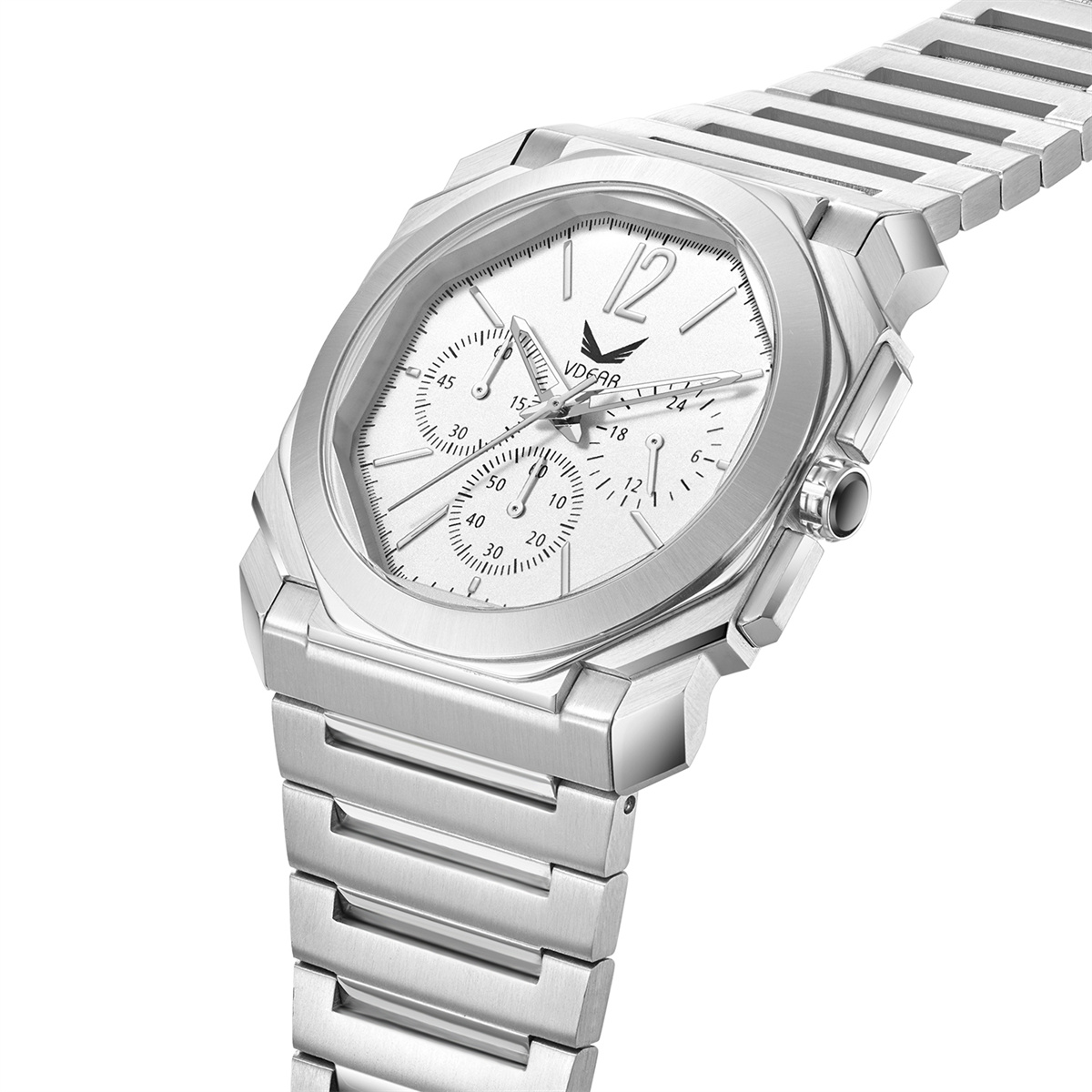 Vdear Multi-Time Zone Dial Men Watch Stainless Steel Band Hollow Out Pointers Double Layer Bezel Quartz Watch 12