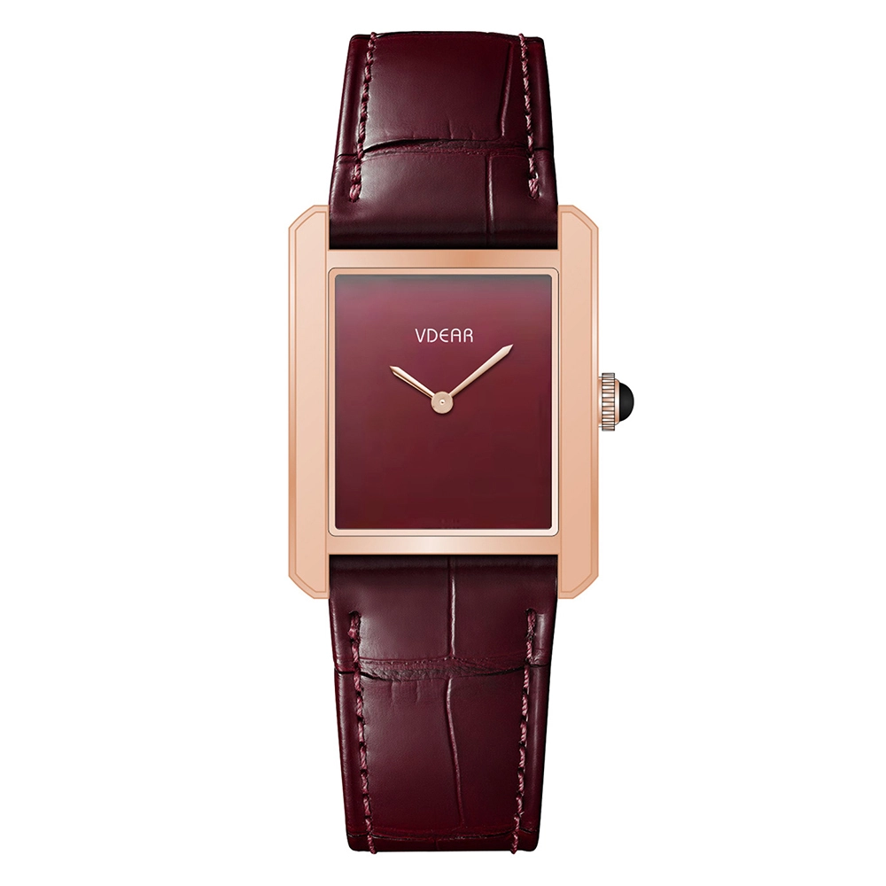 Vdear Ultra Thin Square Case Matte Red Dial Leather Strap Unisex Quartz Watch 1