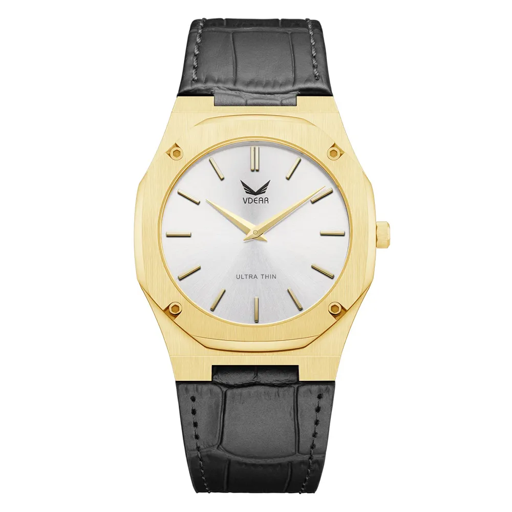 VDEAR Ultra Thin Gold Quartz Watch Featuring Leather Strap 1