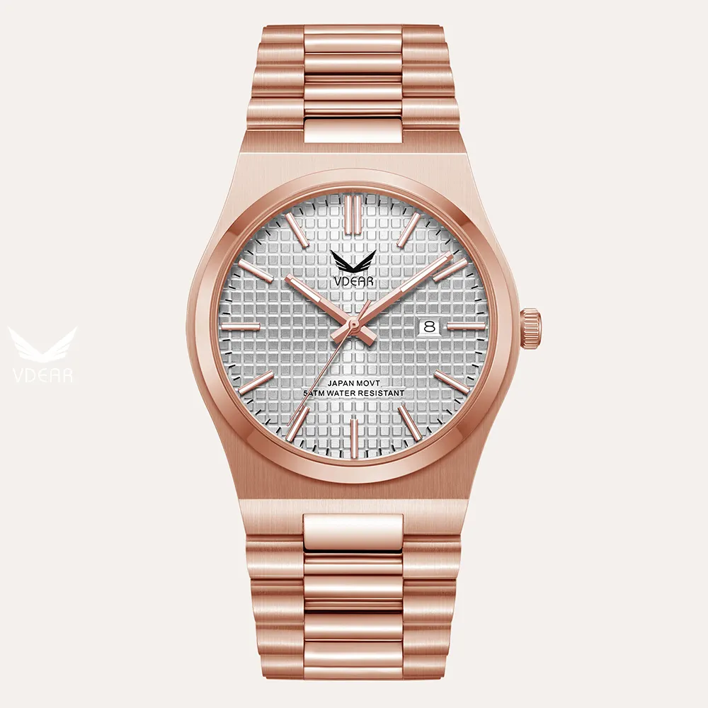 VDEAR Automatisch Quartz Horloge - Roségouden kast en wijzerplaat met rasterpatroon 1