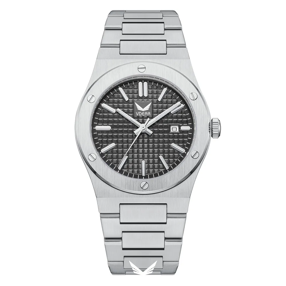 VDEAR Luxury Quartz Watch with Grey Checkered Dial - Customizable Style 1