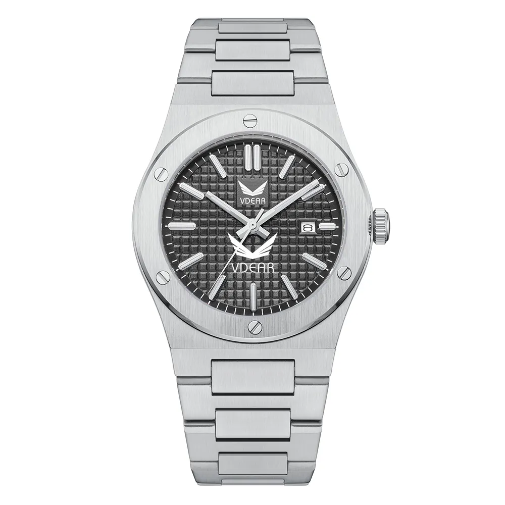 VDEAR Grey Checkered Quartz Watch: Elegant, Precise, Waterproof 1