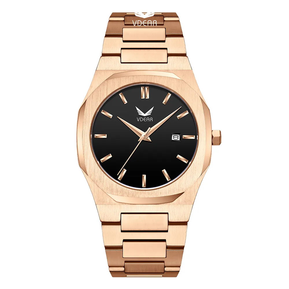 Men's Ultra Thin Quartz Black Dial Watch - Rose Gold Steel Band. 1