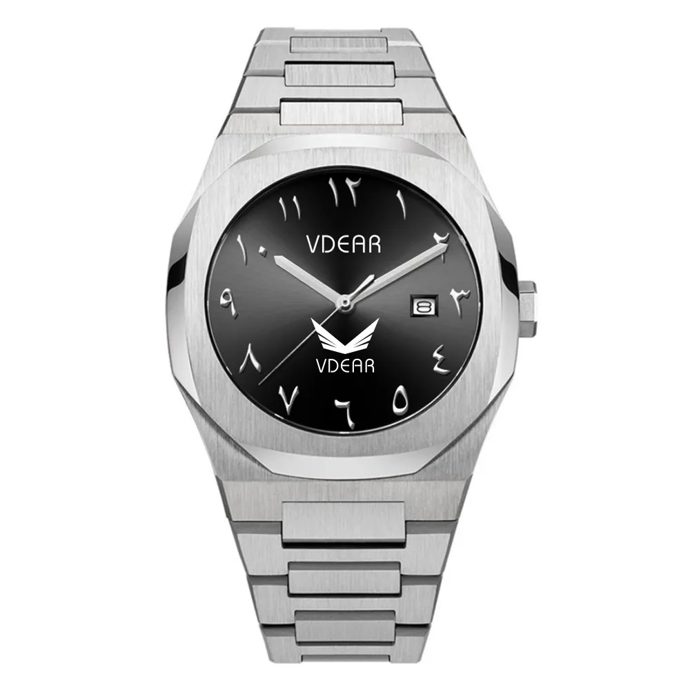 VDEAR Herenhorloge met Arabisch-Amerikaans quartz uurwerk, luxe gouden kast en zwarte wijzerplaat 1