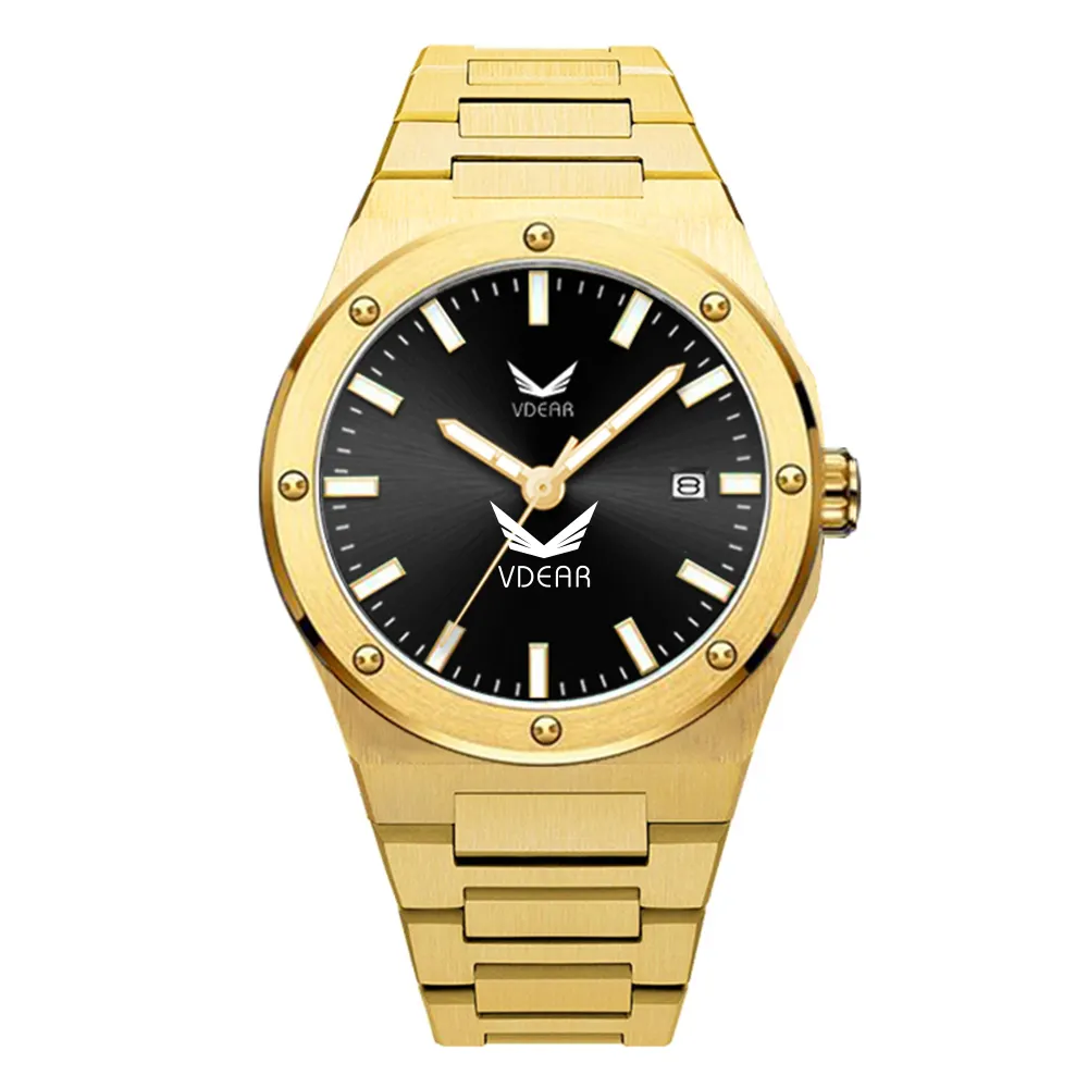 VDEAR Luxury Custom Logo Watch - Gold 316 Steel Band - Waterproof - Quartz Watch with Sweeping Second Hand 1