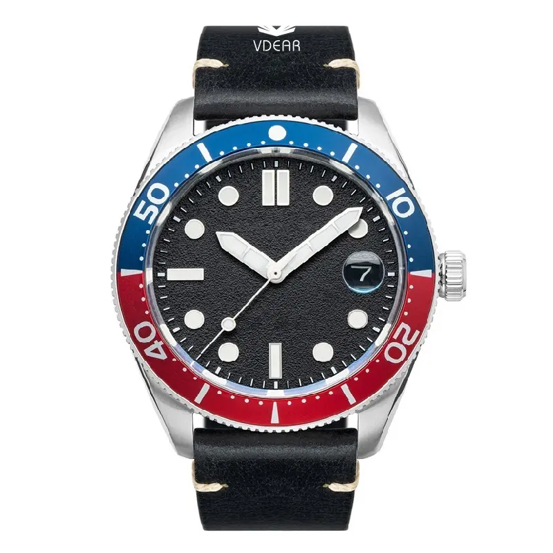 VDEAR Red & Blue Dive Watch: Waterproof, Luminous, Leather Strap 1