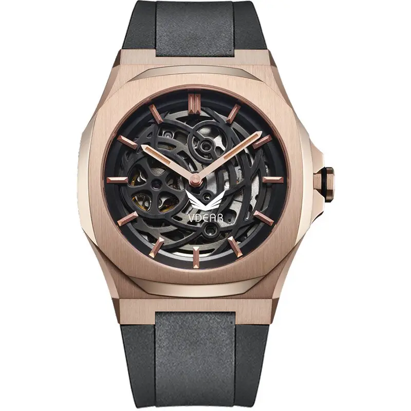Men's Automatic Skeleton Watch: Gun Colored Silicon/Rose Gold, Transparent Mechanical. Customizable Specs. VDEAR Quality. 1