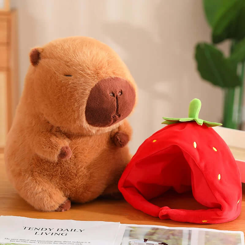 Peluche capybara toute douce portant un chapeau fraise, décoration d'anniversaire, adorable peluche capybara pour filles et garçons 11