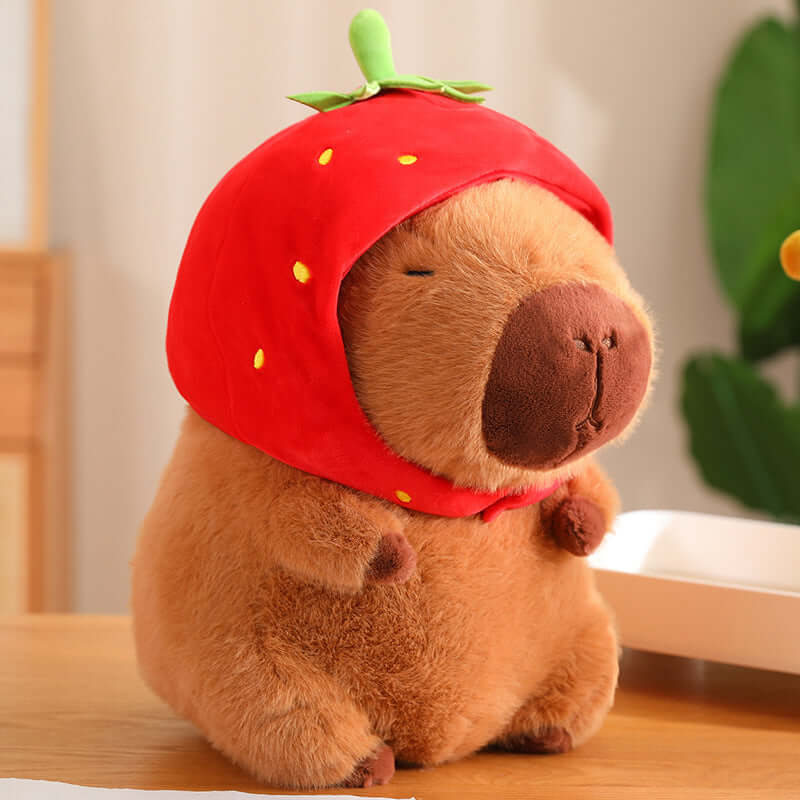 Peluche capybara toute douce portant un chapeau fraise, décoration d'anniversaire, adorable peluche capybara pour filles et garçons 7